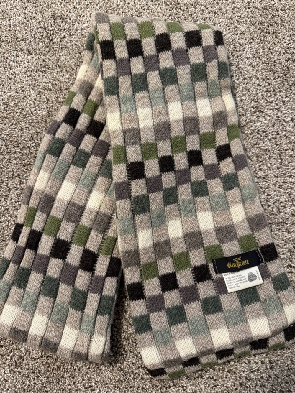 Glen Prince Vintage Checked Wool Scarf in Green, Gray, Black, Cream
